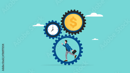 effort and time to make money with businessman running with full effort in gears to turn time and make money, experience and persistence for career success, long-term investment success concept