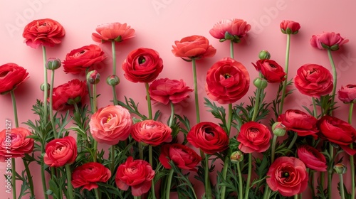 Bright red ranunculus flowers positioned along the bottom edge of a soft pink background, presenting a pop of spring color with plenty of negative space.