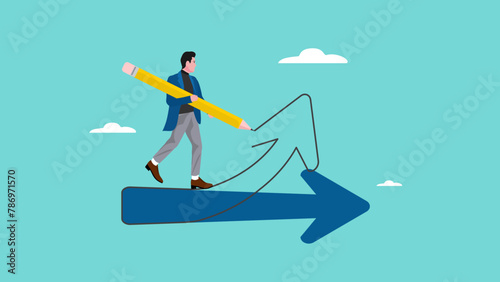 Change direction or career path for best business opportunity and career success, change business strategy, businessman draw new arrow metaphor of change direction to achieve success,