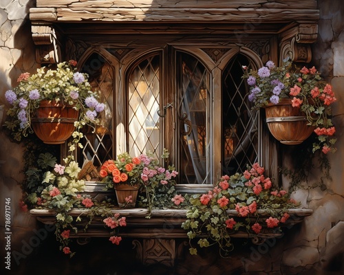 A rustic Tuscan window with ornate ironwork detailing and colorful flower boxes ,super realistic,soft shadown