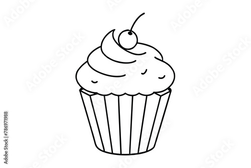 line art of a delicious Cup cake with playful topping, vector illustration
