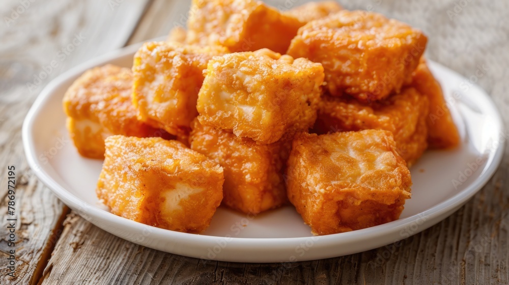 A white plate topped with cheese cubes on a wooden table. Perfect for food and culinary concepts A white plate topped with cheese cubes on a wooden table. Perfect for food and culinary concepts