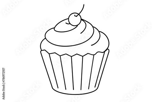 line art of a delicious Cup cake with playful topping, vector illustration