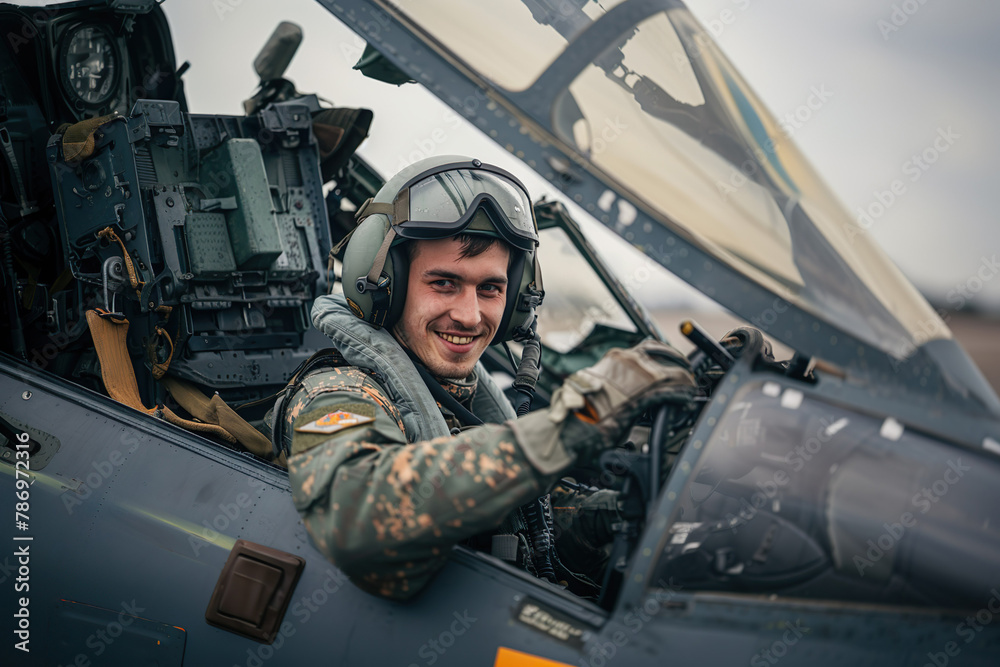 A pilot in the cockpit of a military fighter plane training for war. Aviator in a helmet close up. Supply of military equipment to the allies concept A pilot in the cockpit of a military fighter plane training for war. Aviator in a helmet close up. Supply of military equipment to the allies concept