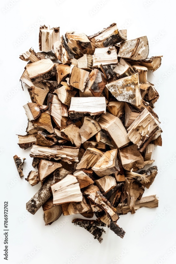 A pile of chopped wood on a white surface, suitable for various projects A pile of chopped wood on a white surface, suitable for various projects