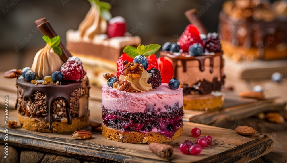 A collection of colorful and delicious mini cakes, muffins with chocolate, fruits, nuts, and decorations. The cakes include ice cream and chocolate confectionery. A collection of colorful and delicious mini cakes, muffins with chocolate, fruits, nuts, and decorations. The cakes include ice cream and chocolate confectionery.