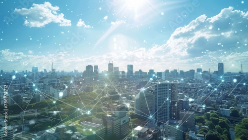 A cityscape with connected network lines and technology icons, representing the digital transformation of urban environments. The background is a clear blue sky, symbolizing hope for future