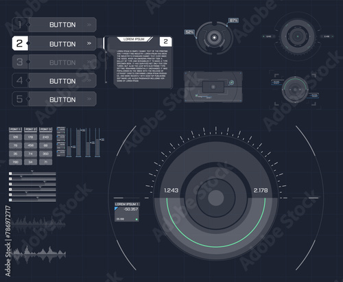 Circle Abstract digital technology UI,UX Futuristic HUD, FUI, Virtual Interface. Callouts titles and frame in Sci- Fi style. Bar labels, info call box bars. Aim