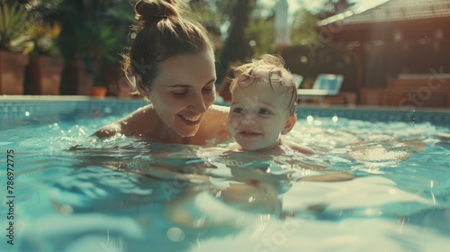A woman and child enjoying a swim in a pool. Ideal for family vacation concepts