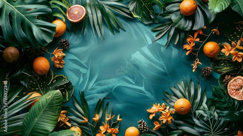 Tropical Oasis: A Blank Canvas Surrounded by Lush Foliage and Exotic Fruits © Katherine