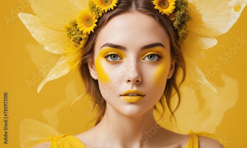 Close up portrait beautiful woman with creative yellow make up, butterfly wings and flowers on the head