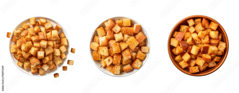 Fototapeta premium Set of Croutons bread toast snack cube piece pile isolated on transparent background