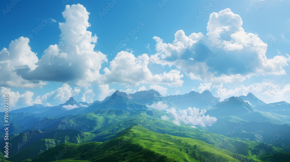 Lush green mountains tower under a clear blue sky, dotted with fluffy white clouds.