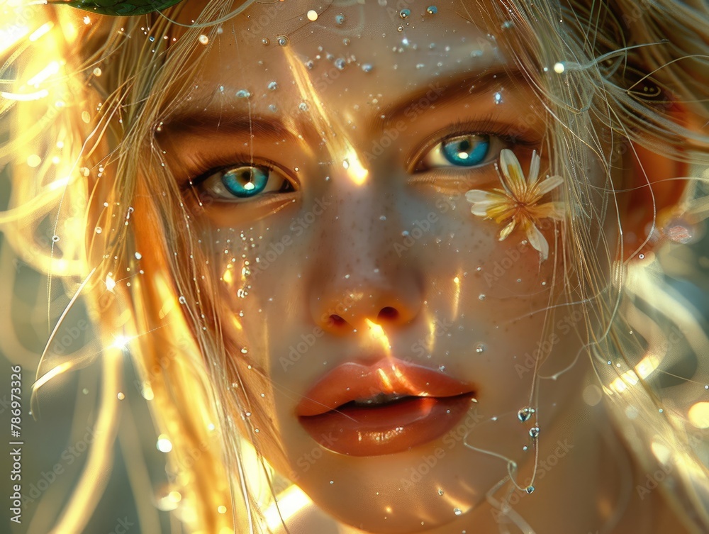 Close up of the girl's face with some water droplets Close up of the girl's face with some water droplets