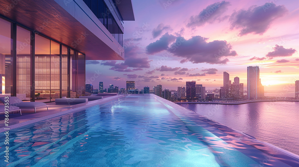 A rooftop infinity pool with a view of a city skyline at sunset.

