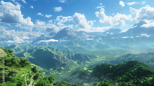 Lush green mountains tower under a clear blue sky  dotted with fluffy white clouds.