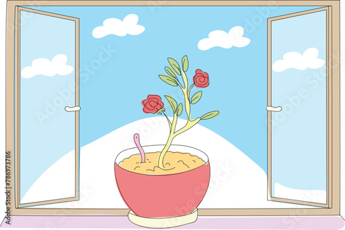 Flowerpot in front of the window. Rose in pot. Worm.