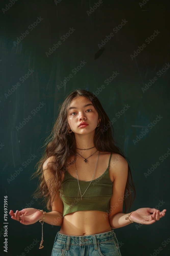 Obraz premium A woman with long hair wearing a green crop top
