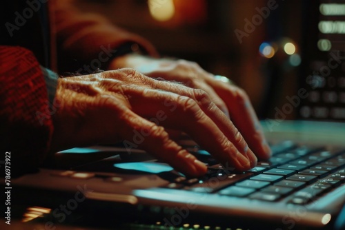 Close up of a person typing on a laptop, suitable for technology concepts