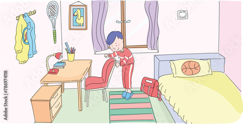 The tidy boy who tidies his room.