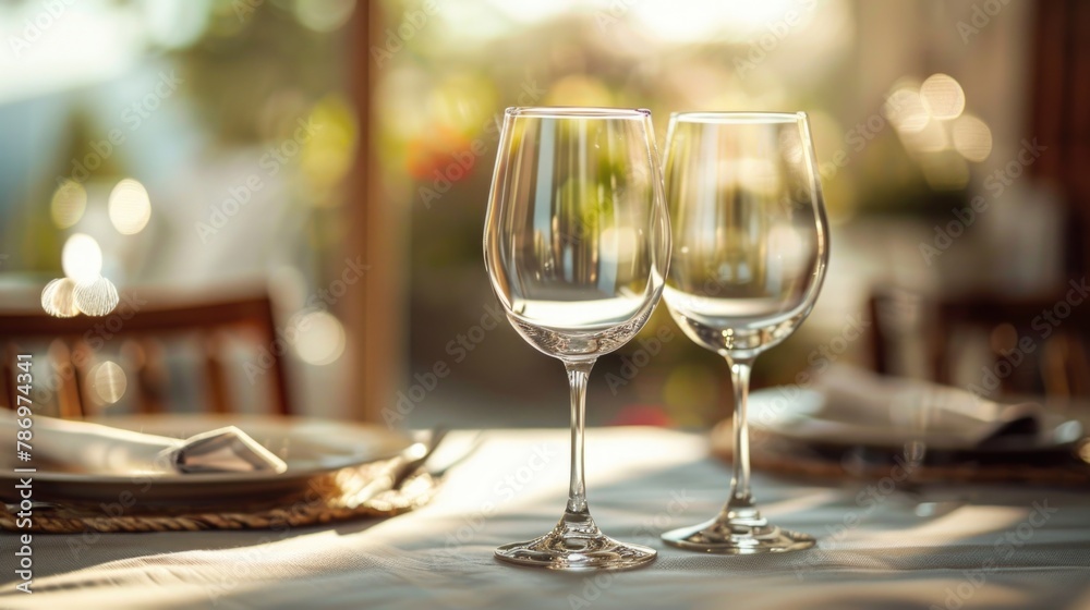 Two empty wine glasses on a table, suitable for restaurant or celebration concepts
