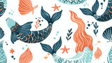 Four mermaid tails and shells. Hand drawn vector seaml