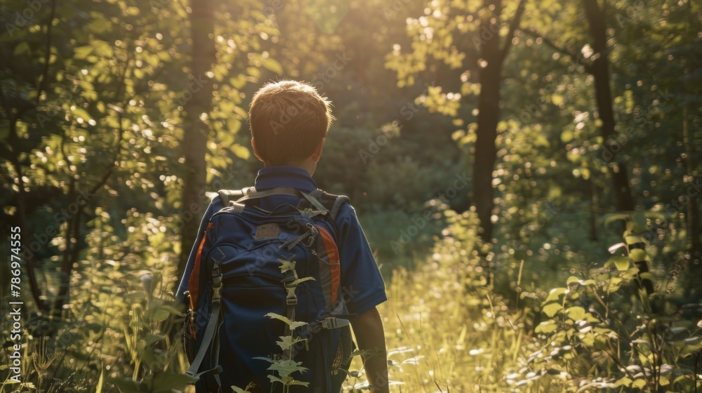 A boy with a backpack walking through the woods. Suitable for outdoor adventure concept