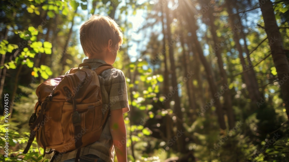 A young boy with a backpack walking through the woods. Suitable for outdoor and adventure themes A young boy with a backpack walking through the woods. Suitable for outdoor and adventure themes