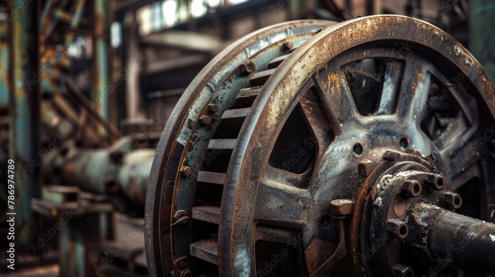 Detailed view of a large wheel in a factory, suitable for industrial concepts Detailed view of a large wheel in a factory, suitable for industrial concepts