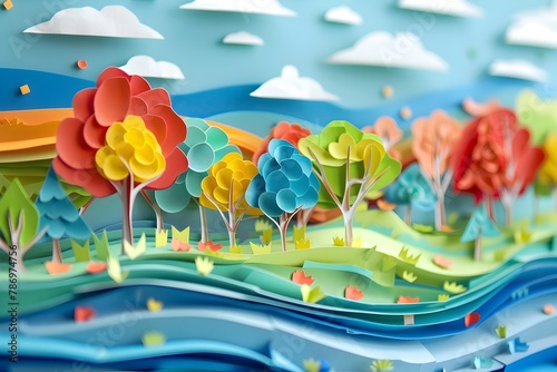 Vibrant Layered Paper Zoo Depicting a Colorful and Imaginative Landscape with Whimsical Trees and a Clear Blue Sky