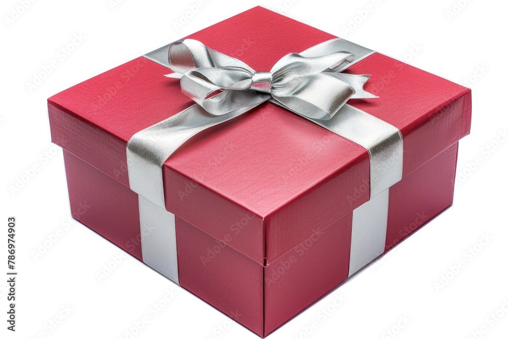 A festive red gift box with a shiny silver bow. Perfect for holiday and celebration themes A festive red gift box with a shiny silver bow. Perfect for holiday and celebration themes