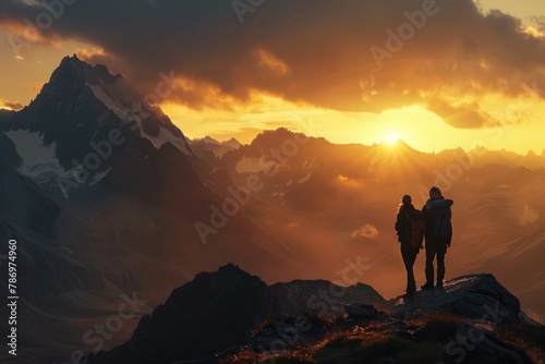 A couple of people enjoying the view from the mountain top. Ideal for travel and adventure concepts