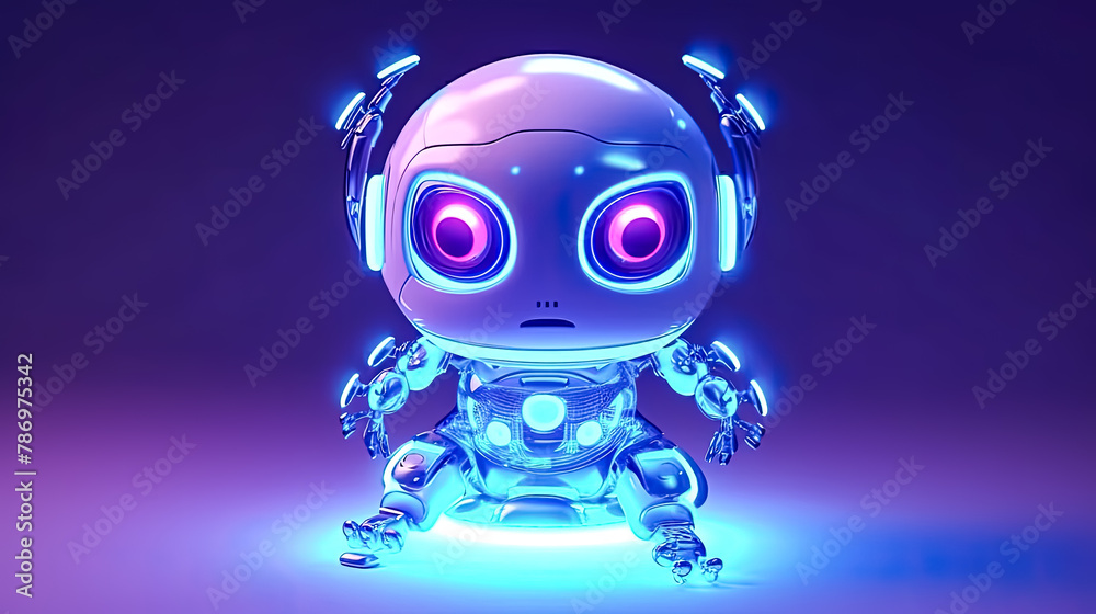 Fototapeta premium A robot with glowing eyes sits on a table