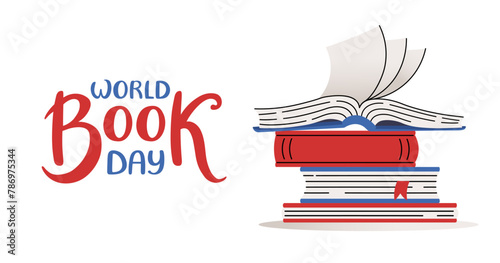 World Book day web banner. Open book stack. Invitation background for readers. Hand drawn lettering. Education and School. Horizontal Backdrop postcard, poster, template. Vector flat illustration