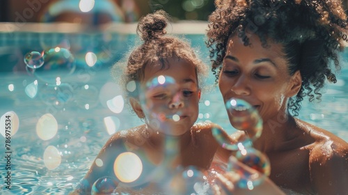 A woman and child having fun in a pool. Ideal for summer activities promotion