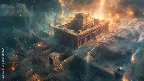 Solomon’s Temple, depicted as a grand cosmic structure, representing the meeting place of God and man, with starry foundations, with copy space