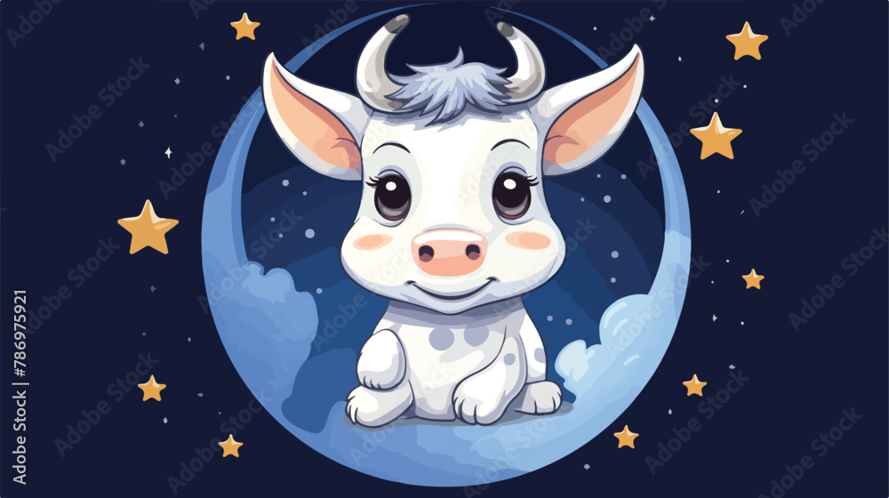 Cute cow is on the moon. Animal cartoon concept isolated