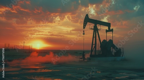 Oil pump in field at sunset, suitable for energy industry concepts