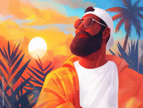 Stylized illustration of a bearded man in sunglasses at sunset with tropical backdrop.