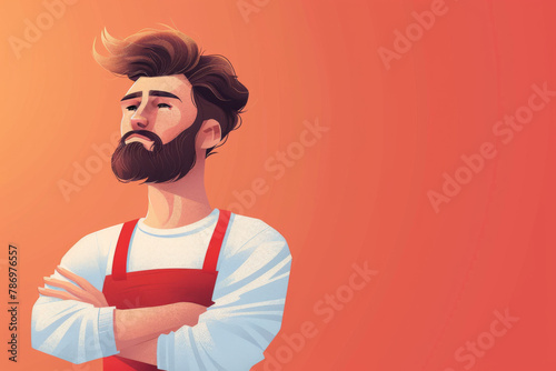 A stylized illustration of a bearded man with crossed arms wearing a red apron. photo