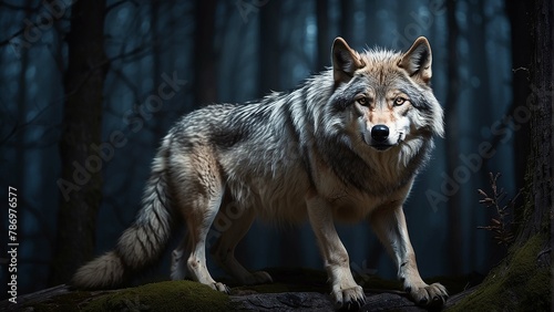 A wolf standing in a dark forest © Taha