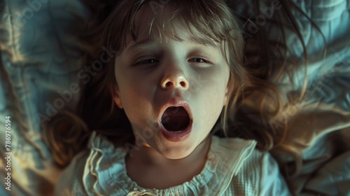 A young girl peacefully sleeping in bed, mouth slightly open. Suitable for illustrating bedtime routines