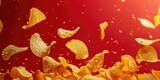 A pile of chips falling into the air. Suitable for food and cooking concepts