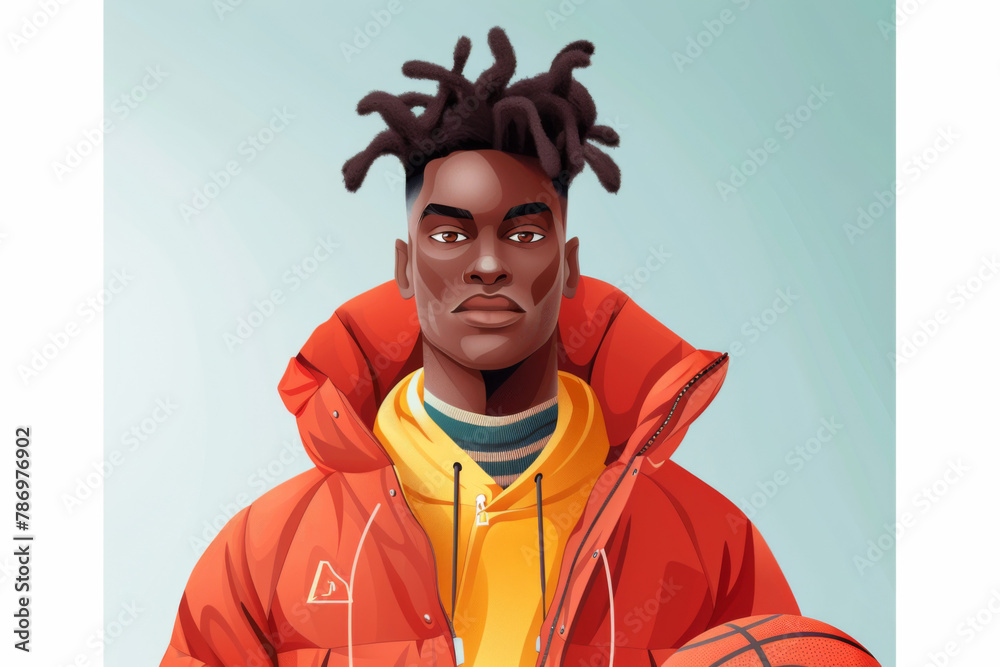 Digital illustration of a young man with dreadlocks holding a basketball.