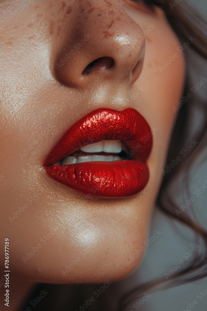 Obraz premium Close up of a woman with vibrant red lipstick. Perfect for beauty and makeup related projects