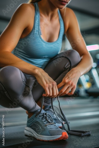A woman tying up a pair of running shoes. Suitable for fitness and sports concepts