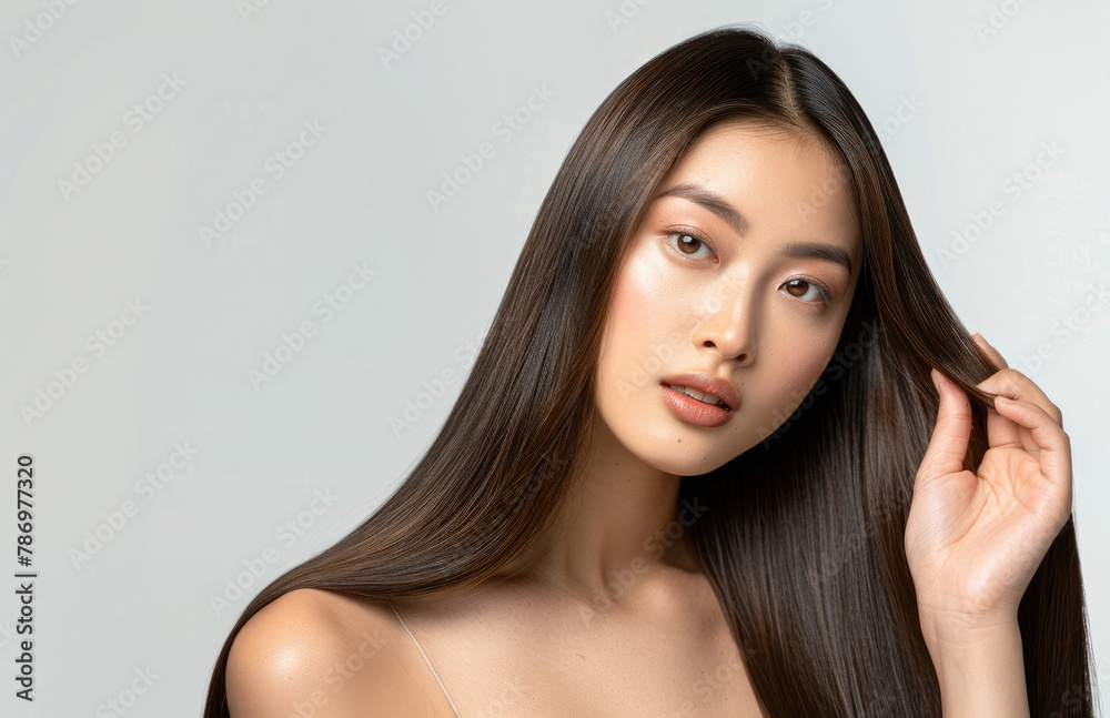 A beautiful korean woman with long, straight hair is touching her shiny and smooth brown hair against the white background