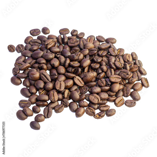 A scattering of roasted coffee beans sits alone on a white background