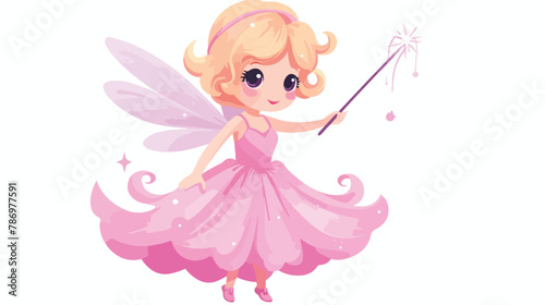 Cute fairy girl in a pink dress with magic wand