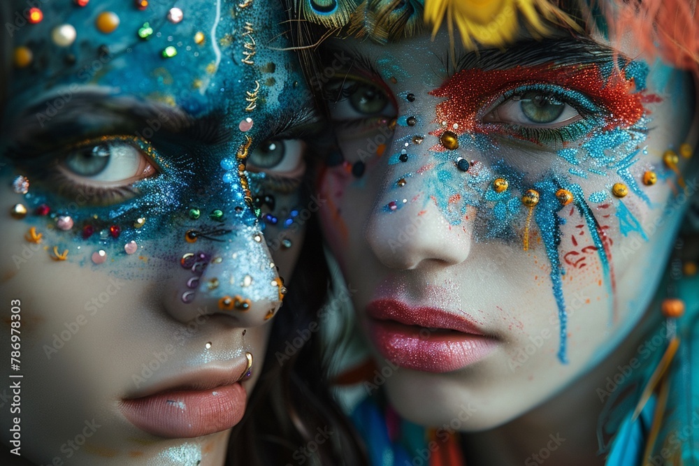 Young man and woman in imaginative makeup, colorful, fashionforward, 3D rendered ,close-up,ultra HD,digital photography Young man and woman in imaginative makeup, colorful, fashionforward, 3D rendered ,close-up,ultra HD,digital photography